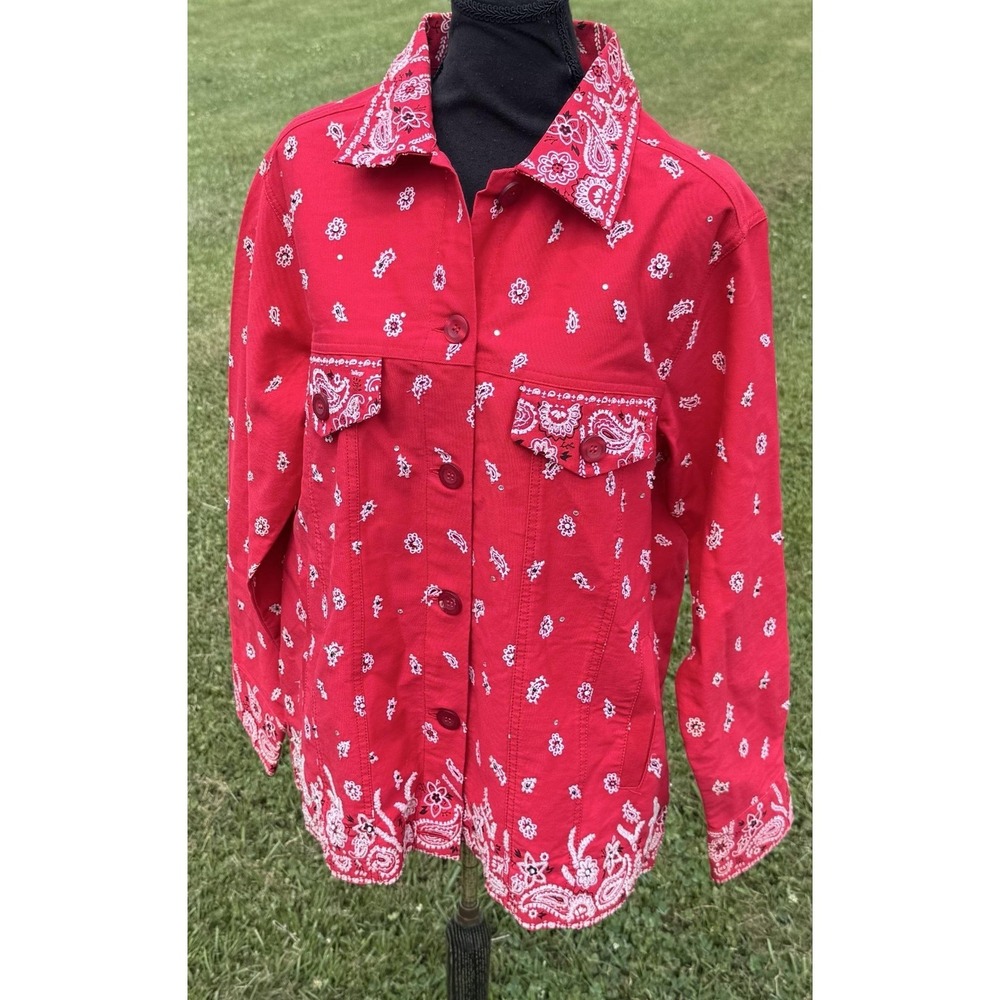 The Quacker Factory Jacket Womens Medium Red Paisley Western Rhinestone Bandana